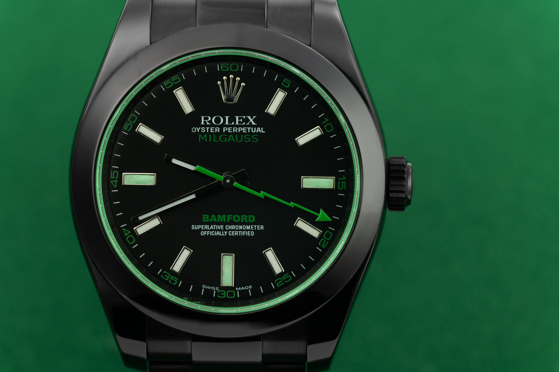 Rolex Stainless Steel Milgauss Bamford Blacked Out Green Automatic  Wristwatch