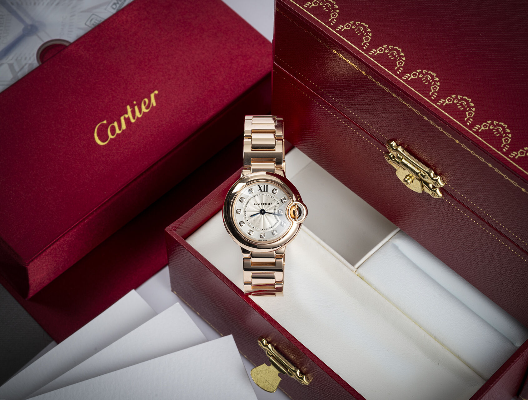 ref 3007 | 28mm Rose Gold Diamond Dial | Cartier Ballon Bleu